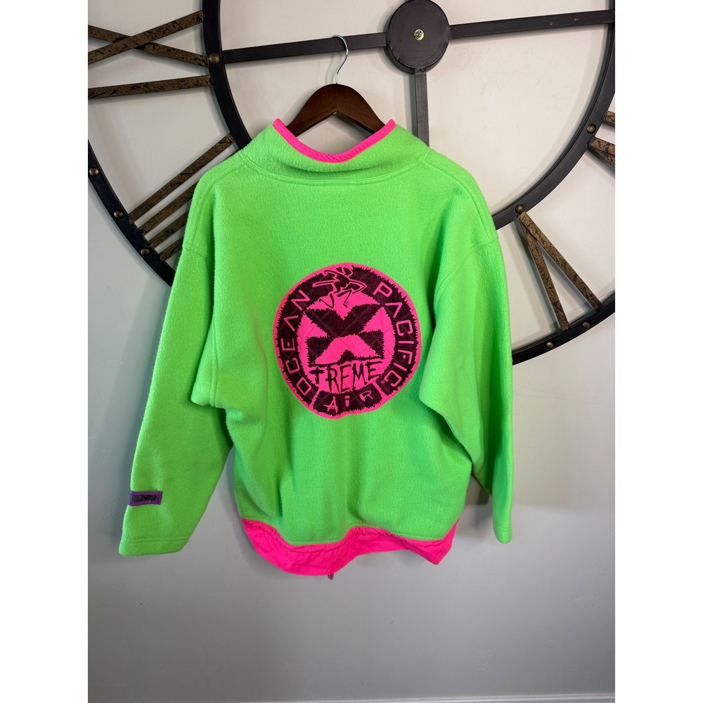 Ocean Pacific OP Xtreme Air Fleece Pullover Neon Green Pink Vintage Mens Medium